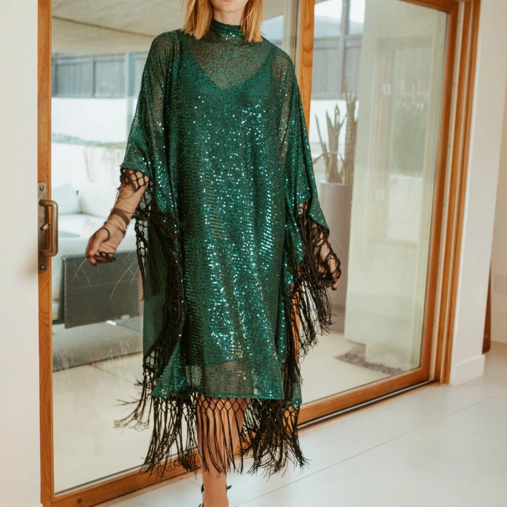 Jennafer Grace Monte Carlo Jade Mock Neck Caftan Kaftan Dress NEW Sm/Md